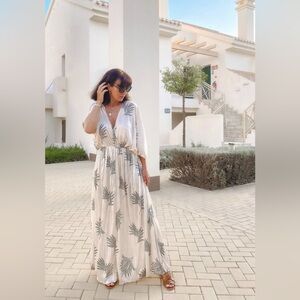 Women's Cream Maxi Dress with Green Palm Print